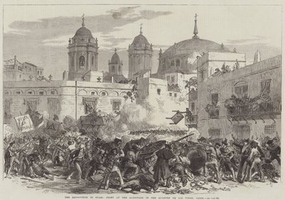 Die Revolution in Spanien, Kampf an der Barrikade im Viertel de Los Vinas, Cadiz (Stich) von English School