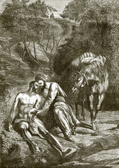 Der Samariter und der verwundete Mann am Straßenrand von English School