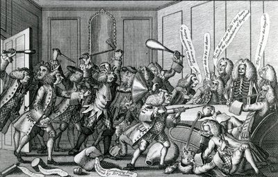Die Belagerung von Warwick-Castle, oder die Schlacht zwischen den Fellows und Licenciates, 1768 von English School