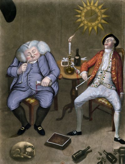 Der solide Genuss von Flasche und Freund, 1774 (Farblithografie mit Gouache erhöht) von English School