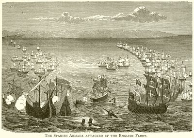 Die spanische Armada wird von der englischen Flotte angegriffen von English School