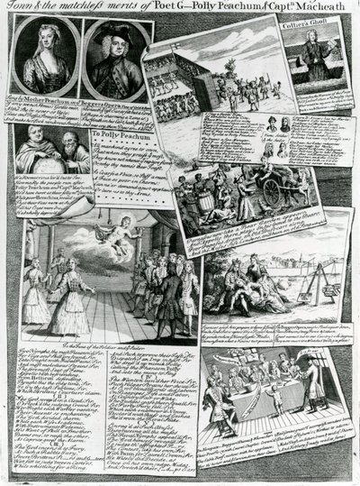 The Stage Medley, das den höflichen Geschmack der Stadt und die unvergleichlichen Verdienste des Dichters G., Polly Peachum und Captain Macheath darstellt, ca. 1728 von English School