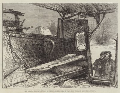 Der schreckliche Eisenbahnunfall in Shipton-on-Cherwell, ein Erste-Klasse-Wagen nach dem Unfall (Stich) von English School