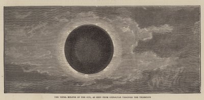 Die totale Sonnenfinsternis, gesehen von Gibraltar durch das Teleskop (Stich) von English School