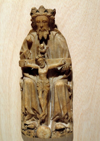 Die Dreifaltigkeit Gott versucht seinen Sohn Jesus am Kreuz. Skulptur in Alabaster der englischen Schule. 15. Jahrhundert Paris, Nationalmuseum des Mittelalters, Thermes de Cluny von English School