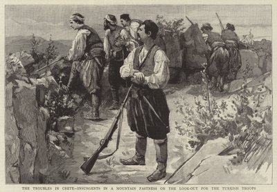 Die Unruhen auf Kreta, Aufständische in einer Bergfestung auf der Suche nach türkischen Truppen (Gravur) von English School