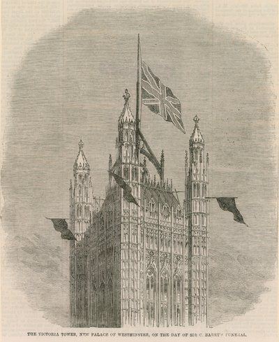 Der Victoria-Turm, neues Palace of Westminster, am Tag der Beerdigung von Sir C. Barnet von English School