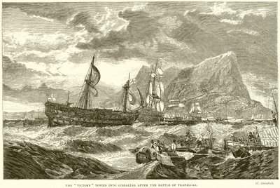 Die Victory wird nach der Schlacht von Trafalgar nach Gibraltar geschleppt von English School
