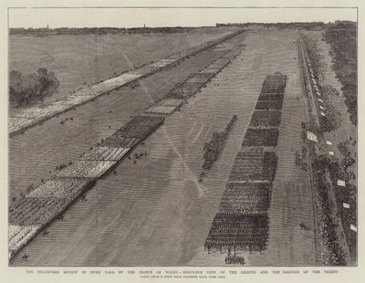Die Freiwilligenüberprüfung im Hyde Park durch den Prinzen von Wales, Vogelperspektive des Geländes und der Position der Truppen (Gravur) von English School
