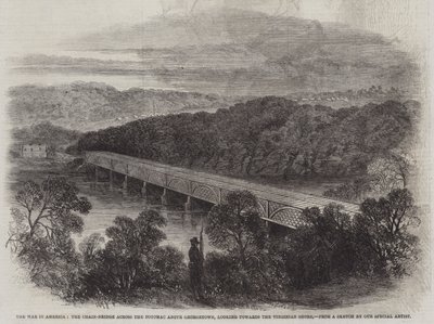 Der Krieg in Amerika, die Kettenbrücke über den Potomac oberhalb von Georgetown, Blick auf das Virginia-Ufer (Stich) von English School