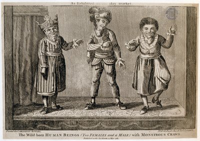 Die wildgeborenen Menschen (zwei Frauen und ein Mann) mit monströsen Kropfen, wie im Haymarket ausgestellt, gedruckt für Carington Bowles, 1787 von English School