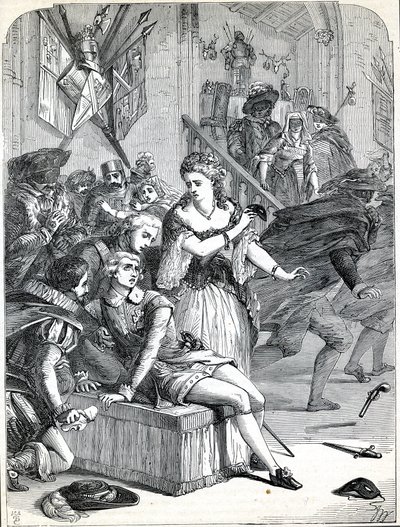 Die Ermordung von Gustav III. durch Jackob Johan Anckarström auf einem Maskenball, Stockholm, Schweden, 1792 (Gravur) von English School