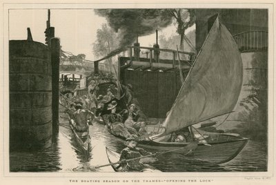 Die Bootssaison auf der Themse - Öffnen der Schleuse (Gravur) von English School