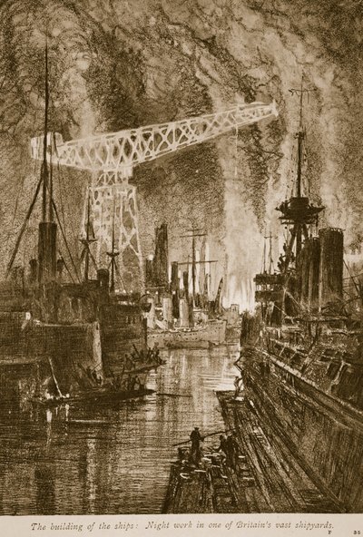 Der Bau der Schiffe: Nachtarbeit in einer der riesigen britischen Werften, 1914-19 von English School