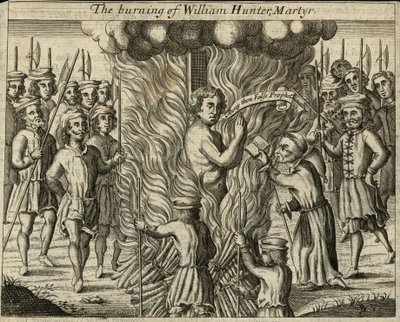 Die Verbrennung von William Hunter, Märtyrer (Gravur) von English School
