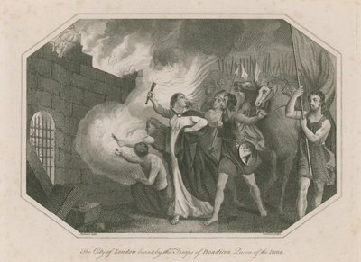 Die Stadt London von den Truppen der Boudicca, Königin der Icena, niedergebrannt von English School