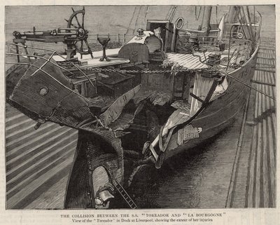 Die Kollision zwischen der SS Toreador und La Bourgogne; Ansicht der Toreador im Dock in Liverpool von English School