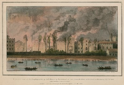 Die Feuersbrunst beider Parlamentshäuser vom Fluss aus gesehen um 8 Uhr abends von English School