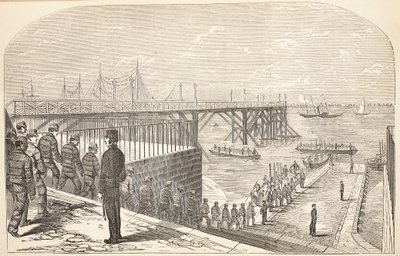 Die Gefangenen kehren von ihrer Arbeit im Arsenal zu den Hulks zurück, Illustration aus The Criminal Prisons of London and Scenes from Prison Life von Henry Mayhew und John Binny, veröffentlicht 1862 von English School