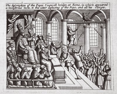 Die Beschreibung des Konzils des Papstes in Rom, in dem eine monströse Eule erschien, zur völligen Entstellung des Papstes und seines Klerus, Illustration aus Acts and Monuments von John Foxe, neunte Ausgabe von English School