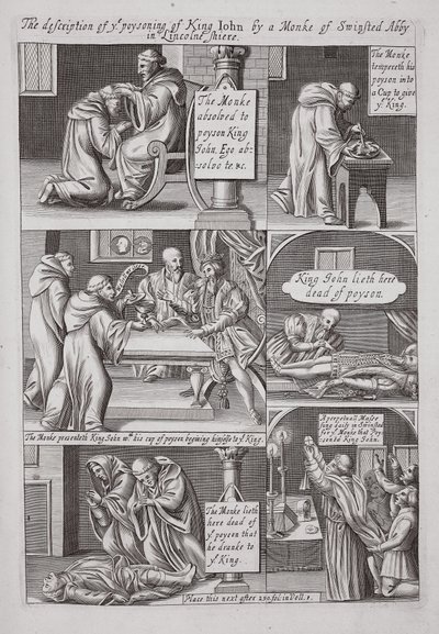 Die Beschreibung der Vergiftung von König Johann durch einen Mönch der Abtei Swinstead in Lincolnshire, Illustration aus Acts and Monuments von John Foxe, neunte Ausgabe, veröffentlicht 1684 von English School