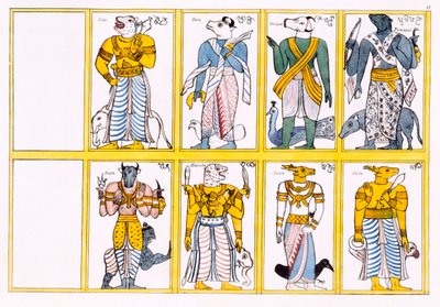 Die Teufel, einschließlich Ayimane, Sooniyan und Calloo-Coomare, aus Die Geschichte und Lehre des Buddhismus von Edward Upham, 1829 von English School