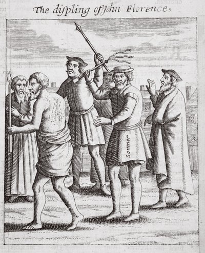 Die Züchtigung von John Florence, Illustration aus Acts and Monuments von John Foxe, neunte Ausgabe, veröffentlicht 1684 von English School