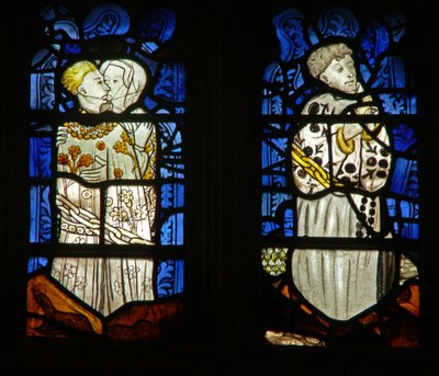 Das Ostfenster mit den sieben Todsünden: Lust (L) und Faulheit (R) von English School