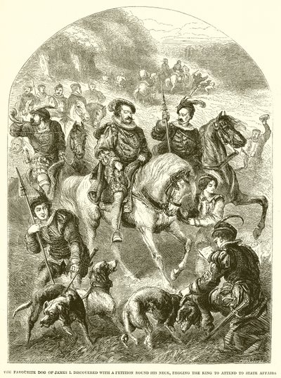 Der Lieblingshund von James I. wird mit einer Petition um den Hals entdeckt, in der der König gebeten wird, sich um Staatsangelegenheiten zu kümmern von English School