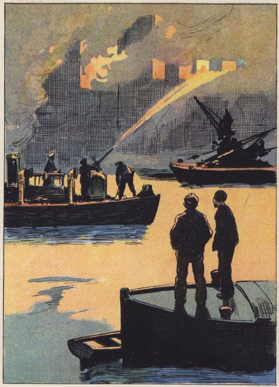 Die Feuerwehr im Einsatz am Fluss (Farblithografie) von English School