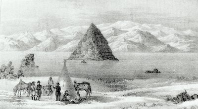 Die Haubitze am Pyramidensee im Januar 1844, aus Report of the Exploring Expedition to the Rocky Mountains in 1842 and to Oregon and North Carolina in 1843-44 von John C. Fremont, veröffentlicht 1845 von English School