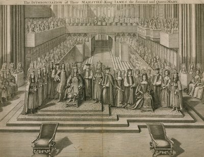 Die Inthronisation Ihrer Majestäten König Jakob II. und Königin Maria in der Westminster Abbey von English School