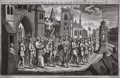 Die Art des Transports von Nicholas Burton durch die Stadt Sevilla zu seinem Martyrium, Illustration aus Foxes Märtyrer, ca. 1703 von English School