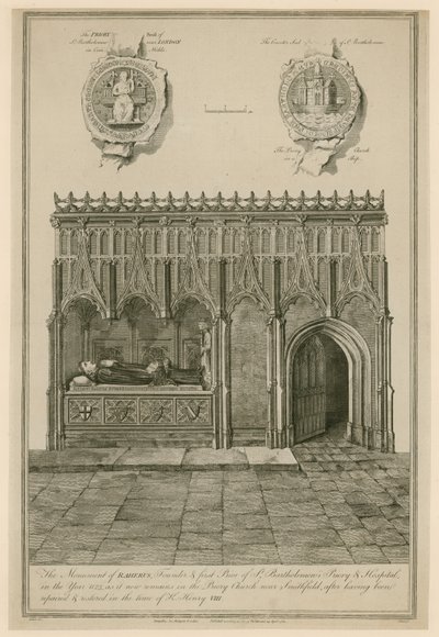 Das Denkmal von Raherus, Gründer und erster Prior des St. Bartholomews Priorats und Hospitals im Jahr 1123 von English School