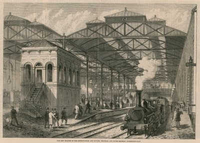 Der neue Bahnhof der Metropolitan und London, Chatham und Dover Railway, Farringdon Road, London von English School