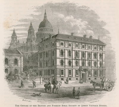 Die Büros der Britischen und Ausländischen Bibelgesellschaft in der Queen Victoria Street, London von English School