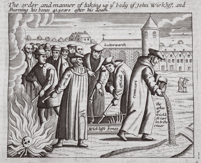 Die Ordnung und Weise der Aufnahme des Körpers von John Wickliff und das Verbrennen seiner Knochen 44 Jahre nach seinem Tod, Illustration aus Acts and Monuments von John Foxe, neunte Ausgabe, veröffentlicht 1684 von English School
