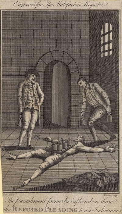 Die Strafe, die früher denen auferlegt wurde, die sich weigerten, auf eine Anklage zu plädieren (Gravur) von English School
