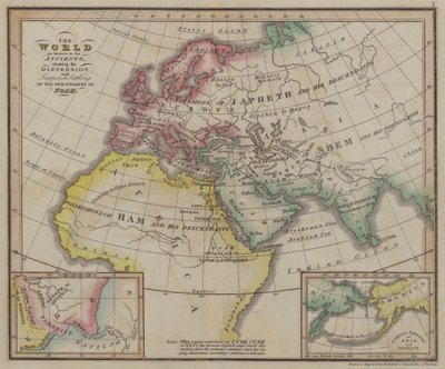 Die Welt, wie sie den Alten bekannt war, zeigt die Verteilung und vermutete Ansiedlung der Nachkommen Noahs (farbige Gravur) von English School