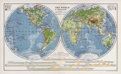 Die Welt in Hemisphären, die Höhe des Landes und die Tiefe des Meeres zeigend von English School