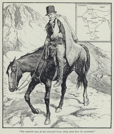 "Der verwundete Mann, auf seinem erschöpften Pferd, reitet allein aus den Bergen" (Lithografie) von English School
