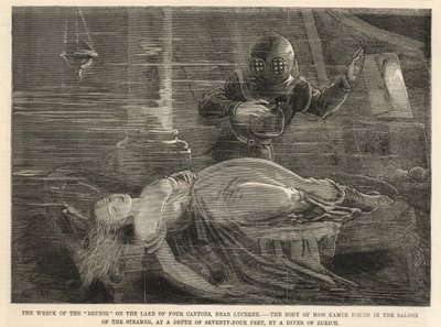 Das Wrack der Brunig auf dem Vierwaldstättersee (Gravur) von English School