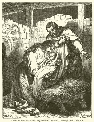 "Sie wickelten ihn in Windeln und legten ihn in eine Krippe", Lukas, ii, 7 (Gravur) von English School
