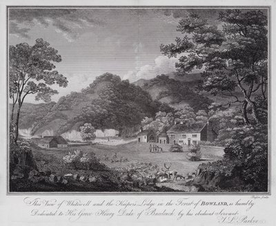 Diese Ansicht von Whitewell und der Hütte des Försters im Wald von Bowland ist demütig Seiner Gnaden Henry Duke of Buccleuch gewidmet, von seinem gehorsamen Diener J L Parker (Gravur) von English School