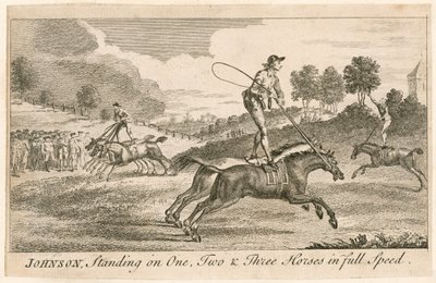 Thomas Johnson auf einem, zwei und drei Pferden im vollen Galopp von English School
