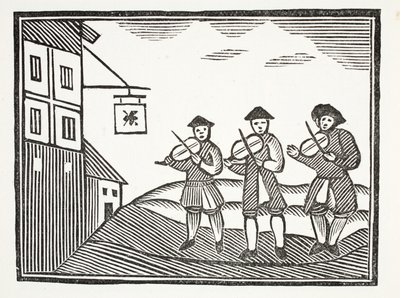 Drei Geiger in der Thames Street, die am Morgen einen Bräutigam aufspielten, der ihnen nichts zu trinken gab, Illustration aus Chap-books des achtzehnten Jahrhunderts von John Ashton, veröffentlicht 1882 von English School
