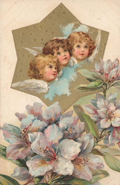 Drei Putten in einem mit Blumen verzierten Bild von English School