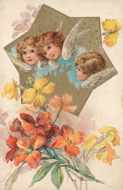 Drei Putten in einem mit Blumen verzierten Bild von English School