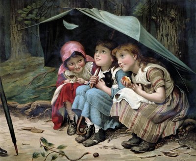 Drei kleine Kätzchen (Mädchen und Kätzchen unter einem Regenschirm) - Englische Chromolithografie von English School