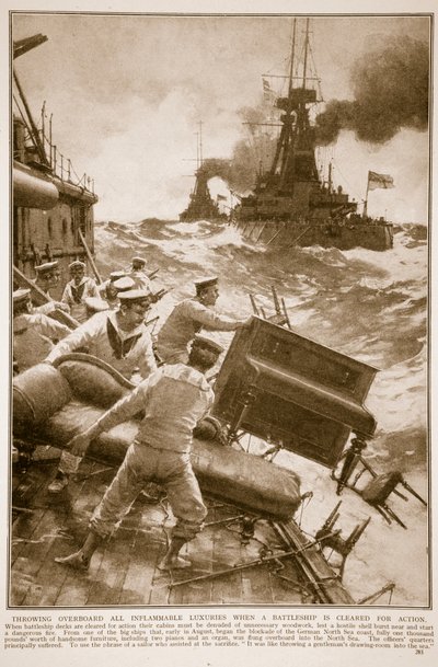 Über Bord werfen aller entzündlichen Luxusgüter, wenn ein Schlachtschiff für den Einsatz geräumt wird, 1914-19 von English School